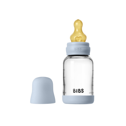 Стеклянная бутылочка для кормления латексной соской, медленный поток BIBS - Baby Blue, 120 мл