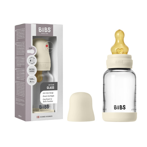 Стеклянная бутылочка для кормления с латексной соской, медленный поток BIBS - Ivory, 120 мл
